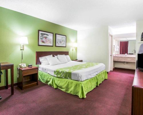 a hotel room with a large bed with green walls at Econo Lodge Dothan West in Dothan
