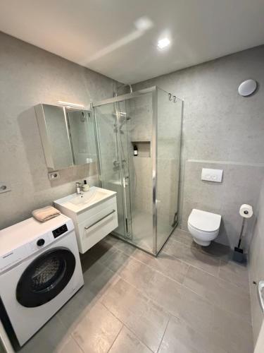 a bathroom with a washing machine and a toilet at Ivaana in Rab