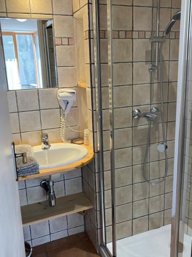 a bathroom with a sink and a shower at Yak Avenir in Aiguilles