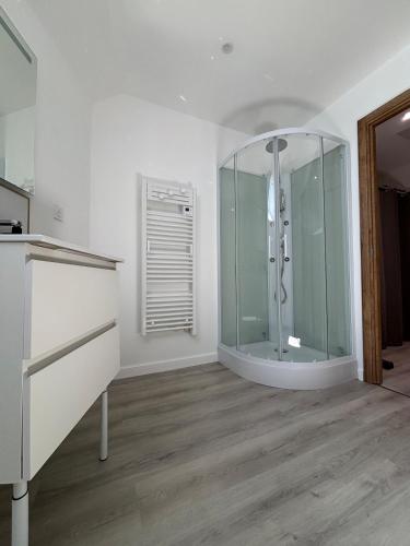a bathroom with a glass shower in a room at Chez Mimi in Maubert-Fontaine