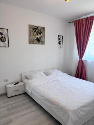 a bedroom with a white bed and a window at Nico's Place in Sînpetru