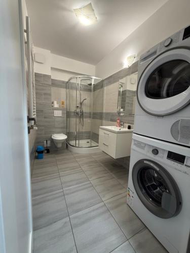 a bathroom with a washing machine and a washer and dryer at Renting Solutions Q in Iaşi