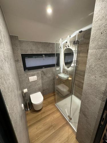 a bathroom with a glass shower and a toilet at Domek Przy Jeziorze in Kujanki