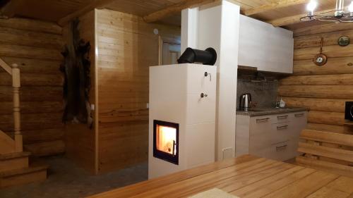 a kitchen with a refrigerator and a fireplace at Lindiki in Salaspils