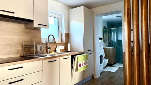 a kitchen with a sink and a toilet in a bathroom at TJ Nyaraló in Markaz