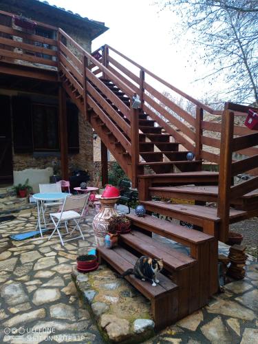 a wooden staircase with a cat sitting on a bench at Habitation Occitania in Durban-Corbières