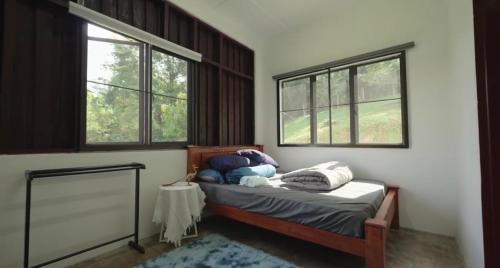 a bedroom with a bed and two windows at DuriDuri Eco Resort in Bentong