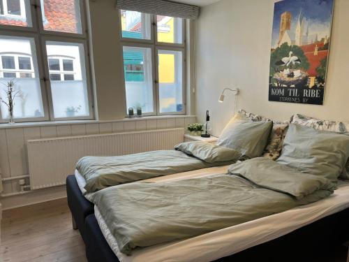 two beds sitting in a room with windows at Ribe Sønderport Bed & Kitchen in Ribe
