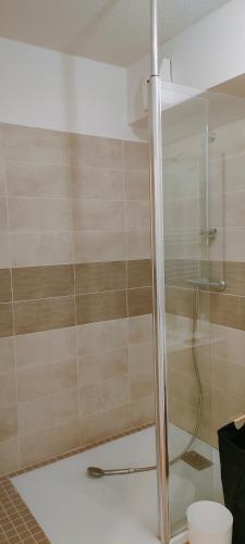 a shower with a glass door in a bathroom at Marmande in Marmande