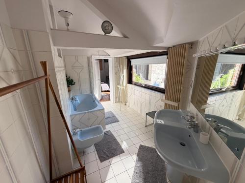 a bathroom with a sink and a toilet and a tub at Capsule camelia un charme Montois in Mons