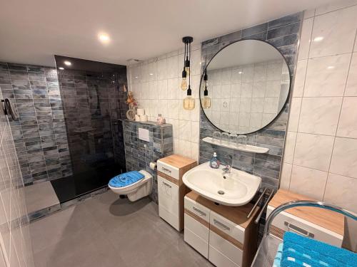 a bathroom with a sink and a toilet and a mirror at Ferienhof Hofmann in Böbrach