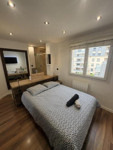 a bedroom with a bed and a large mirror at T2 design climatisé au coeur de Divonne in Divonne-les-Bains