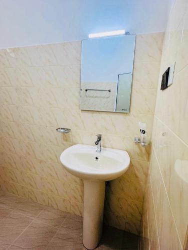 a bathroom with a sink and a mirror on the wall at Hotel Elysian in Udawalawe