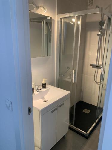 a bathroom with a white sink and a shower at Alojamiento El Cantal in Santoña