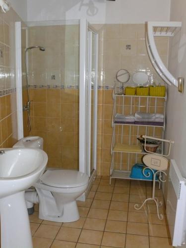 une salle de bain avec toilettes, lavabo et douche dans l'établissement les 2 Gîtes du Clos de la Vigne, à Montreuil