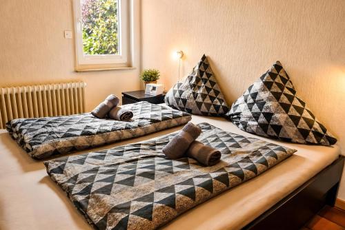 two beds with pillows on them in a room at Ferienhaus Klaus in Berumbur