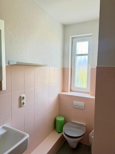 a pink bathroom with a toilet and a window at Familienbett und Sauna - Muschelbude in Wittenbeck