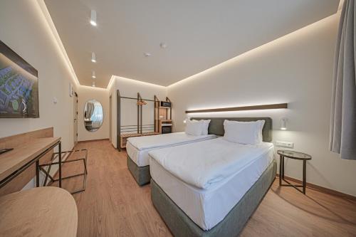 a hotel room with a large bed and a desk at Aparthotel SamElyon in Samokov