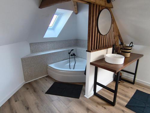 a bathroom with a tub and a sink and a mirror at Gîtes La Grenouillère in Veuzain-sur-Loire