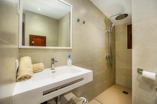 a bathroom with a sink and a mirror and a shower at Cala Figuera Studio 5b in Cala Figuera