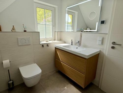 a bathroom with a sink and a toilet and a mirror at Haus am Pinnower See mit Privatsteg in Pinnow