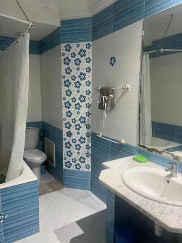 a blue and white bathroom with a sink and a toilet at S1 a louer in Dar el Saïd