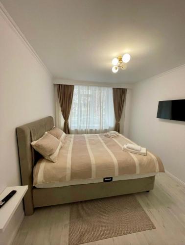 a bedroom with a large bed with a window at Luxbab in Drobeta-Turnu Severin