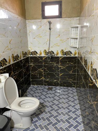 a bathroom with a toilet and a black and gold tiles at Auberge Restaurant Oumidou in Agoudal