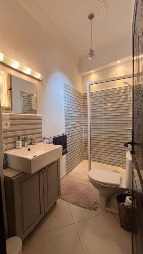 a bathroom with a sink and a toilet and a shower at Villa Michel in Tamraght Ouzdar
