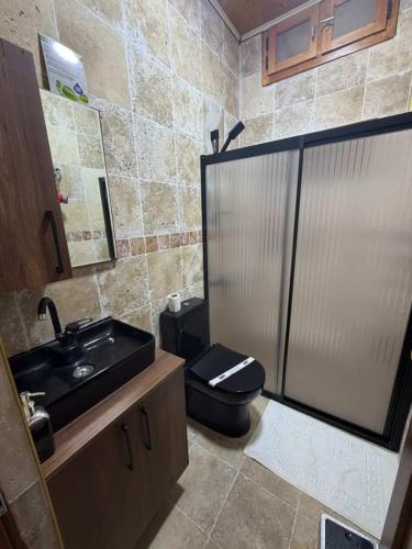 a bathroom with a black toilet and a sink at Ela Sultan Han Otel in Gaziantep