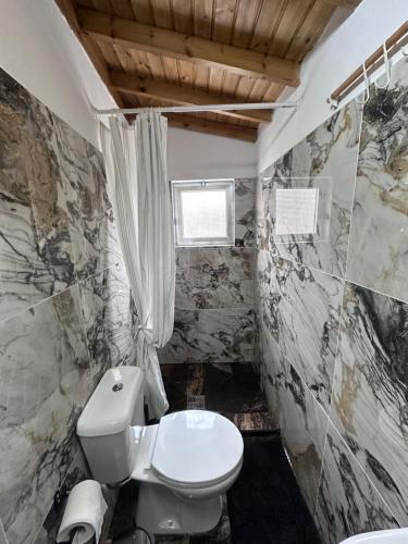 ein Badezimmer mit weißer Toilette und Fenster in der Unterkunft Stone Nest in Tochni