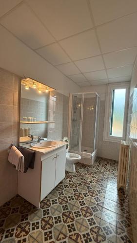 a bathroom with a sink and a toilet and a shower at Hotel restaurant LAISSAC SPEISER in Olargues