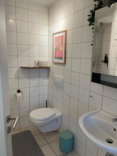 a white bathroom with a toilet and a sink at Ferienwohnung am Storchennest in Ichenhausen
