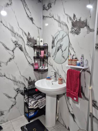 a bathroom with a sink and a mirror at Lukas cottage in sagarejo in Sagarejo