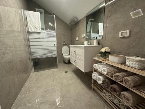 ein Badezimmer mit Dusche, Toilette und Waschbecken in der Unterkunft הסוויטה בטיילת in Aschdod