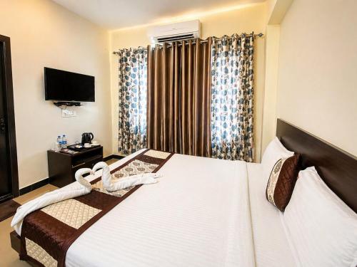 a hotel room with a bed and a television at Hotel Ace Plaza in Udaipur