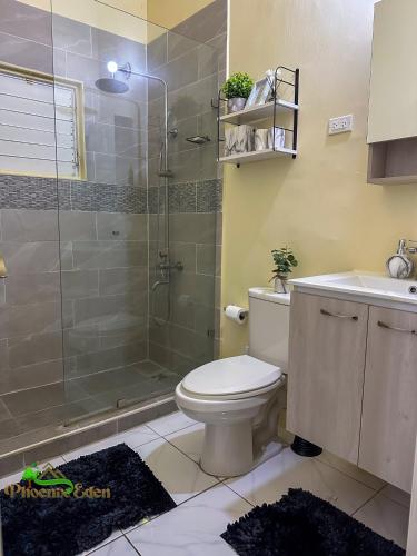 a bathroom with a shower and a toilet and a sink at Phoenix Eden in Portmore