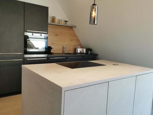 eine Küche mit einer Arbeitsplatte, in der sich ein Spülbecken befindet in der Unterkunft Falken-Loft in Giebelstadt