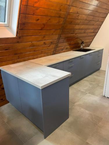 a kitchen with a sink and a wooden ceiling at Brda Hideaway in Głębokie