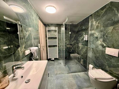 a bathroom with a shower and a sink and a toilet at Apartmenthaus Döbeln Zentrum in Döbeln