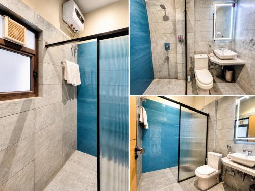 a bathroom with a shower toilet and a sink at Ixoras Hotel Lemba in Kinshasa
