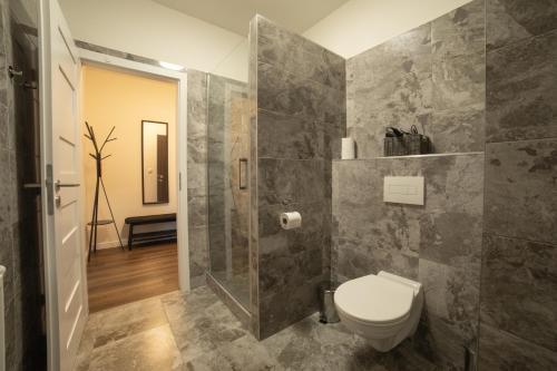 a bathroom with a toilet and a walk in shower at Penzion u Nás u Hospůdky in Žatec
