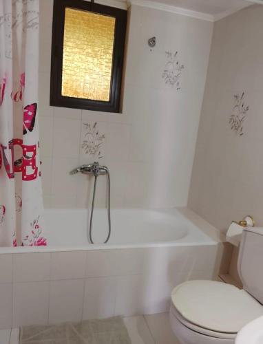 a bathroom with a tub and a toilet and a window at Emilios see view Apartment in Barbati