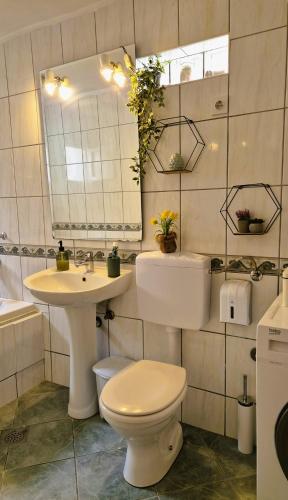 ein Badezimmer mit Toilette, Waschbecken und Spiegel in der Unterkunft Gorgeous Hideout in Mostar