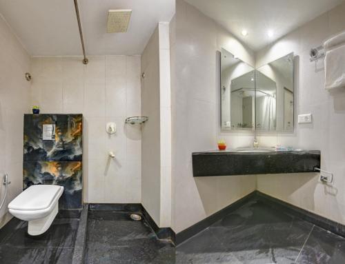 a bathroom with a toilet and a sink and a mirror at Hotel Mayur in New Delhi