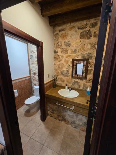 a bathroom with a sink and a toilet at La Casona del Rio Abion in Valdealvillo