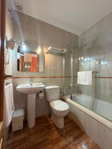 a bathroom with a toilet and a sink and a shower at Pension Areas in O Pindo