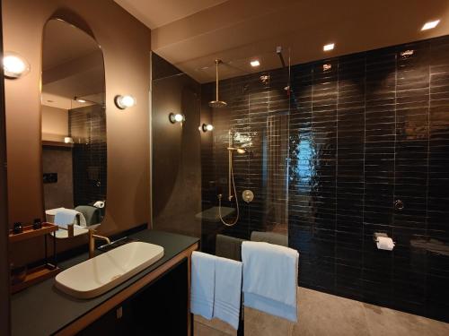 a bathroom with a sink and a glass shower at Hotel Falco D'Oro by Falco D'Oro Hotels in Tolè