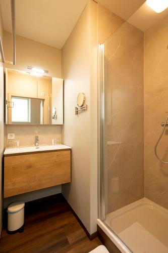 a bathroom with a sink and a shower at Enjoy Today Panoramic House Koppenberg in Oudenaarde