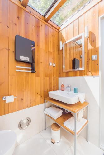 a bathroom with a sink and a skylight at LA RÉSERVE DE L'AUBE - Hébergements insolites Luxe et Design in Villenauxe